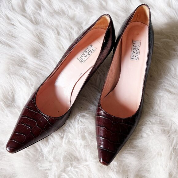 Vintage Isaac Mizrahi Brown Leather Croc Pointed Toe Kitten Heels - Picture 1 of 3